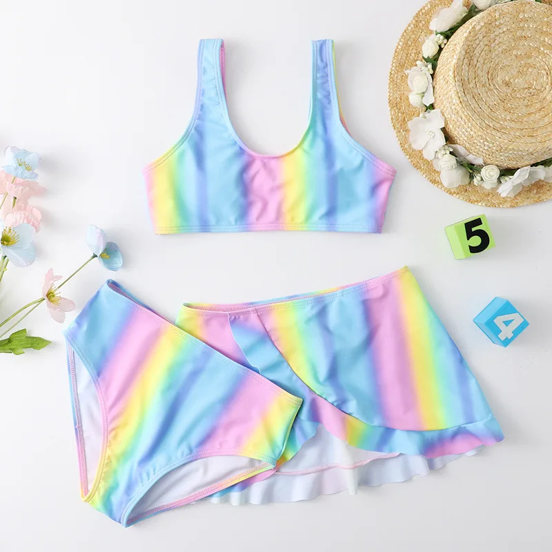 Girls 3pack Rainbow Bikini Sets With Skirts Cover Up Beach Kids Swimsuit 7-12 Years Children's Swimwear Teens 2024 Summer