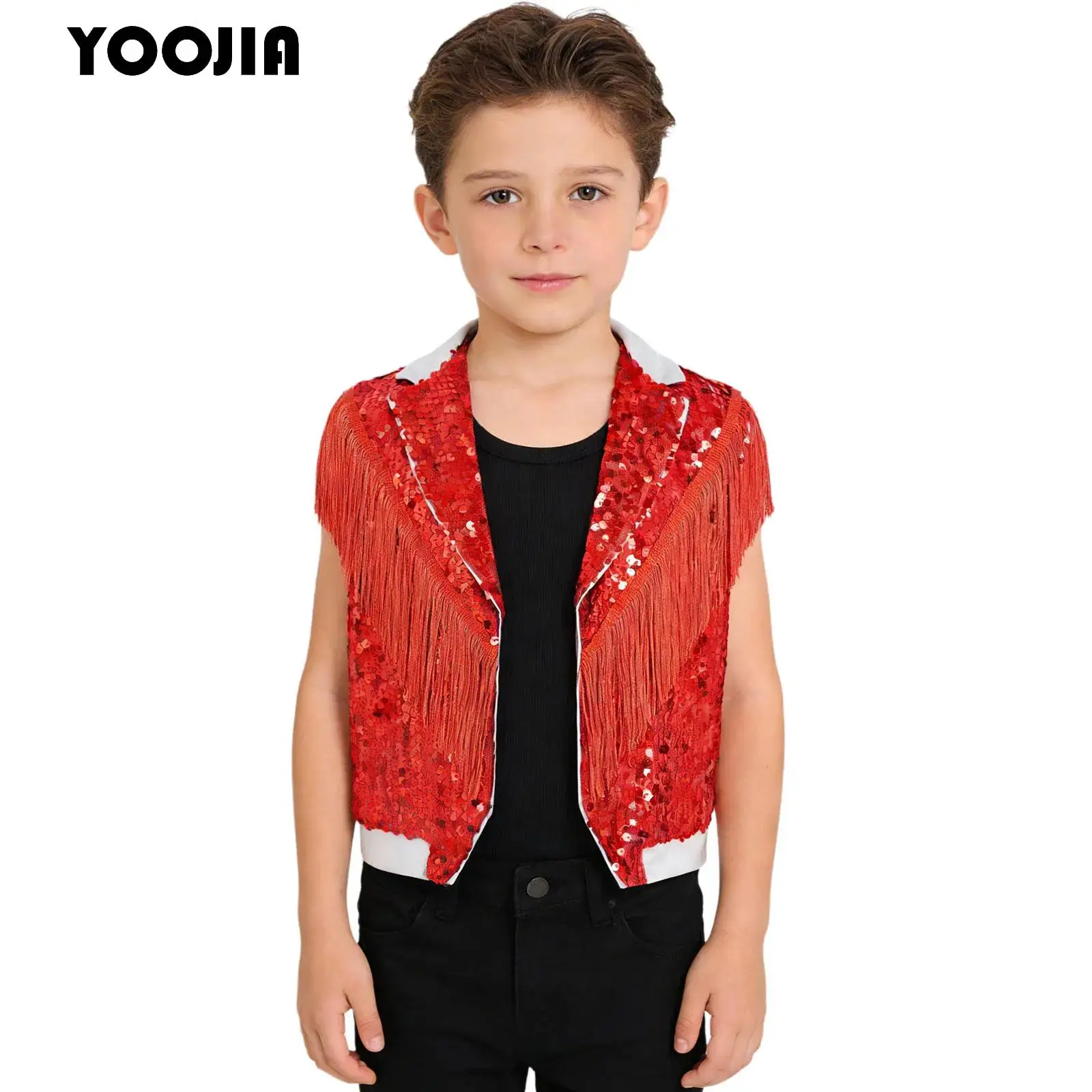 Shiny Disco Party Performance Costume for Kids Boys Tassel Sequin Waistcoat Vest Musical Festival Hip-hop Jazz Dance Tank Tops