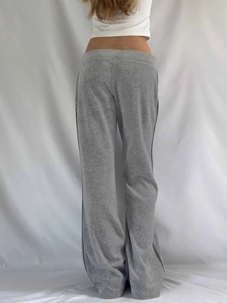 BKQU Harajuku Gray Loose Sweatpants Women 2025 Summer Low Rise Striped Casual Drawstring Wide Leg Pants Hip-hop Jogging Trousers