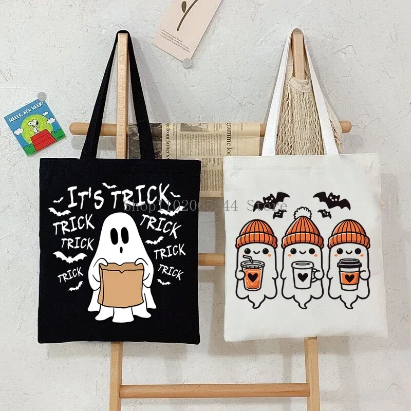 

Shoulder Bag Cute Coffee Ghosts Canvas Tote Bag Women Halloween Ghost Shopping Bag Student Cartoon Style Female Reusable Handbag