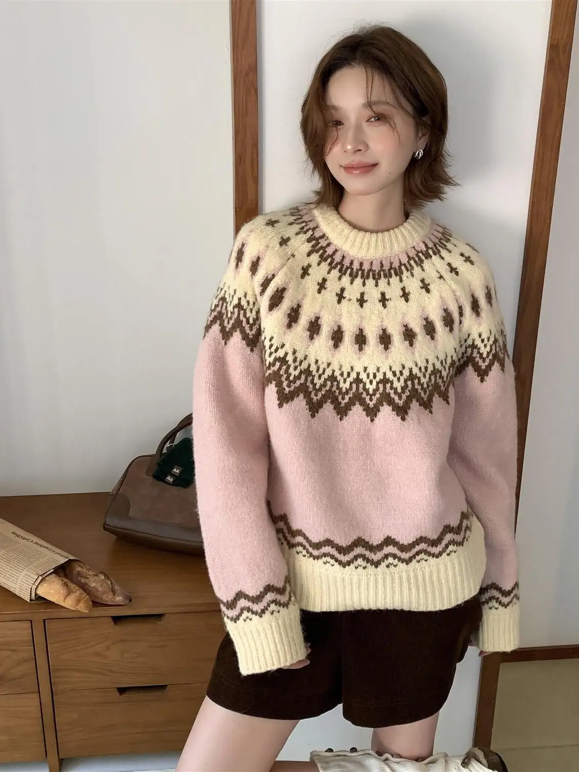 Pink Jacquard Knitted Sweater Women Autumn Winter New Sweet Long Sleeve Splicing Pullover Good-looking Thicken O-neck Tops