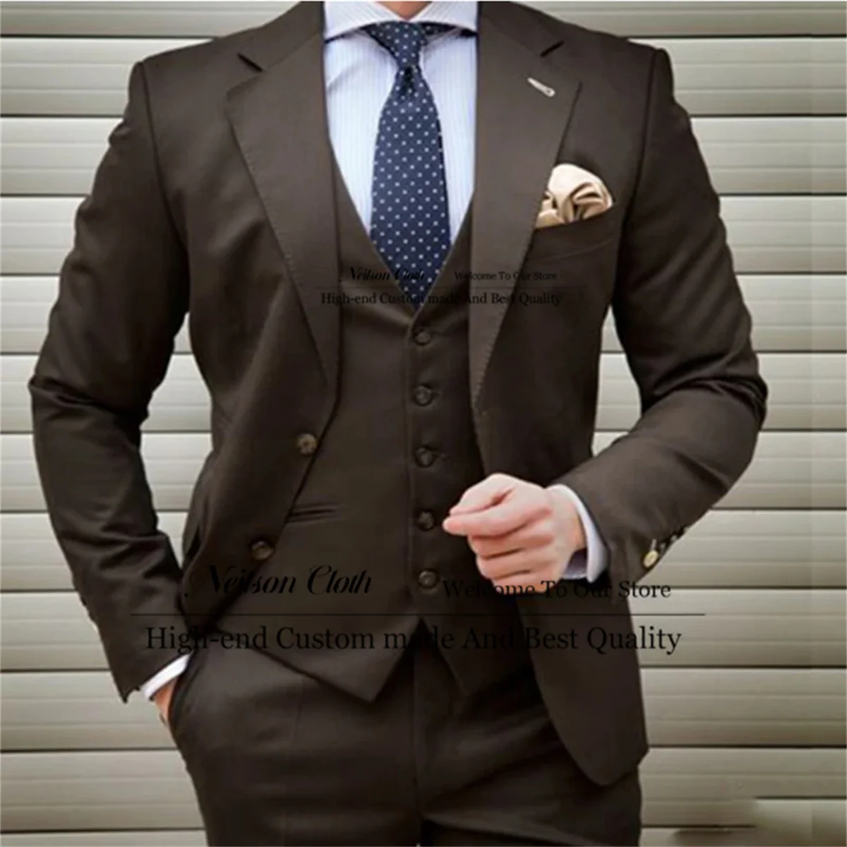 

New Formal Brown Male Prom Blazers Notched Lapel Groom Wedding Tuxedos 3 Pieces Sets Men Suits Slim Fit Business Costume Homme