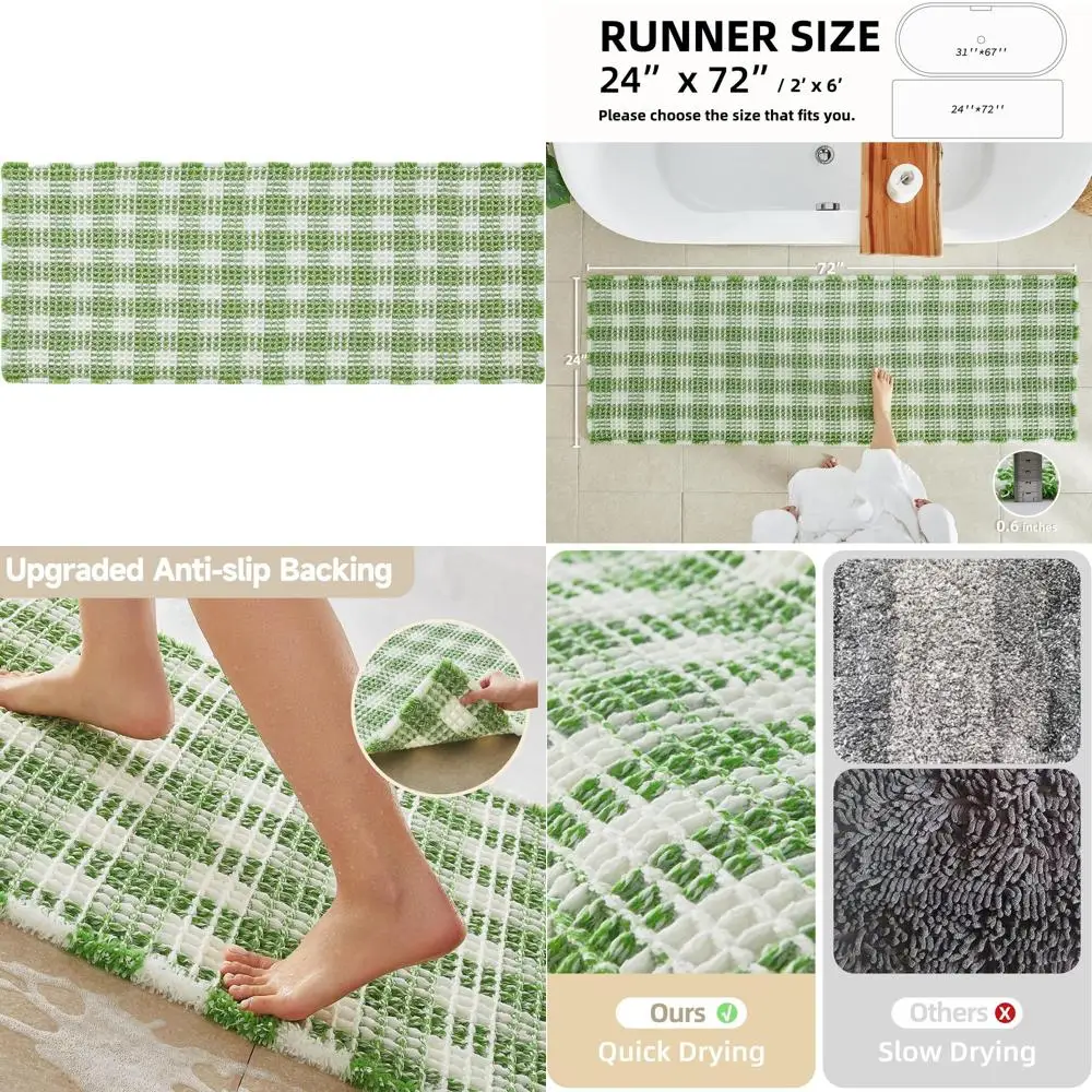 

Зелено-белый клетчатый коврик для ванной в стиле бохо, нескользящий, впитывающий, 72x24, быстросохнущий