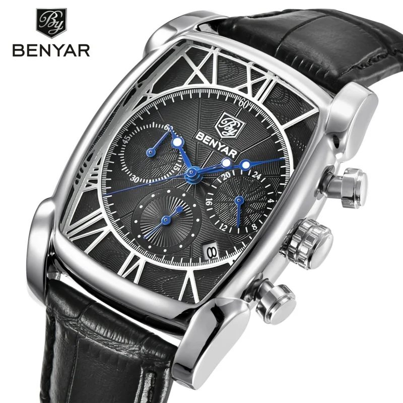 BENYAR 5113 Classic Rectangular Case Fashion Sports Chronograph Men's Watch Quartz Waterproof 30M Leather Strap Luxury Watch