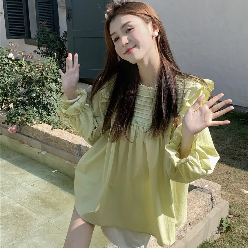 Spring Autumn Fashion Solid Round Neck Ruffles Blouses Women\'s Clothing Sweet Pleated Loose Simplicity Korean All-match Shirts