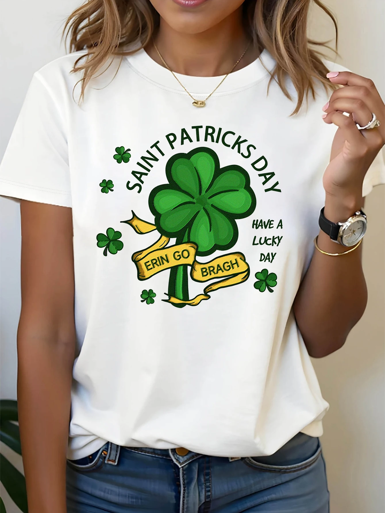 St. Patrick'S Day Erin Go Bragh Clover Graphic Print Women's Casual T-Shirt Spring Summer Short-Sleeve Crew Neck Daily Wear