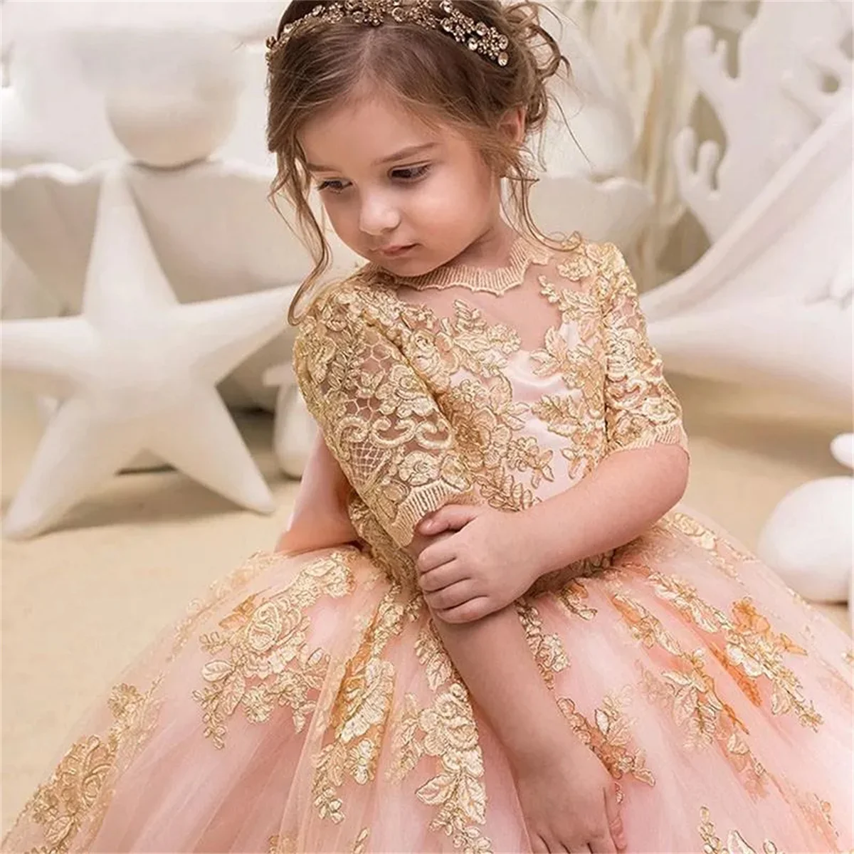 Flower Girl Dress Pink Tulle Puffy Champagne Gold Lace Bow Belt Backless Luxury Wedding First Communion Birthday Party Ball Gown