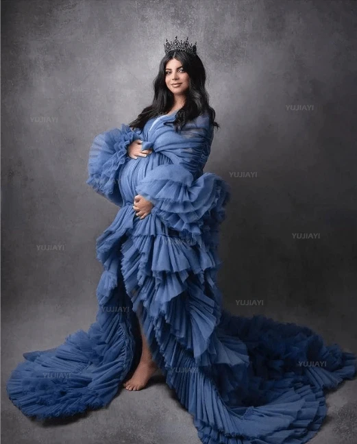 Extra Puffy Tulle Maternity Dresses for Photo Shoot Ruffles Tiered Pregnancy Women Baby Shower Party Gowns Sleepwear Long Robes