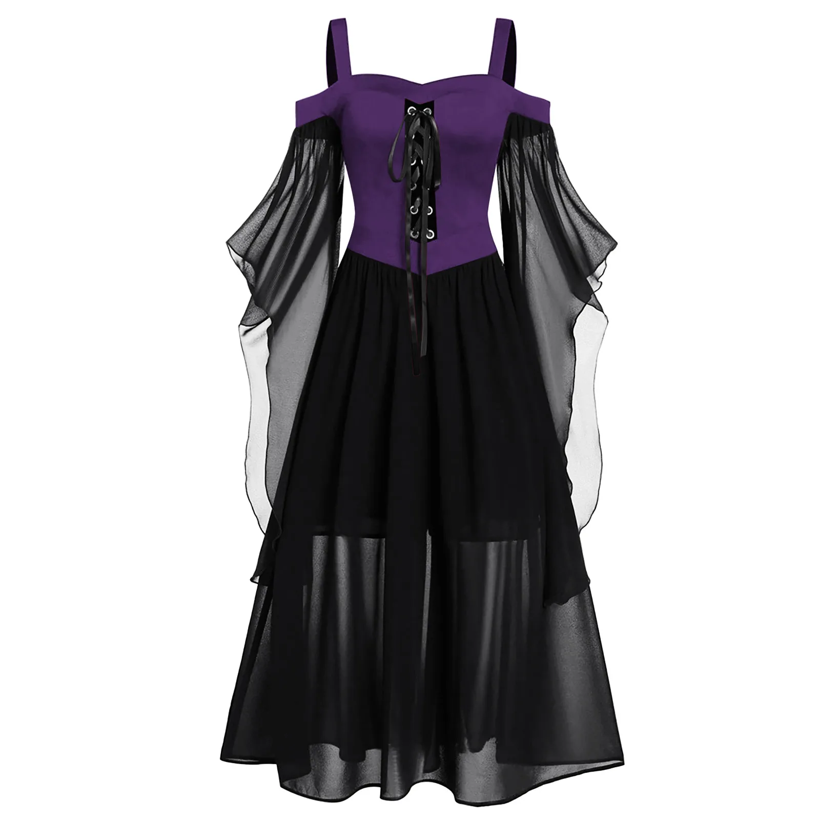 

A-line Long Party Dress for Women New Halloween Witch Cosplay Costumes Gothic Off Shoulder Lace-up Vestidos Bandage Mesh Sheer