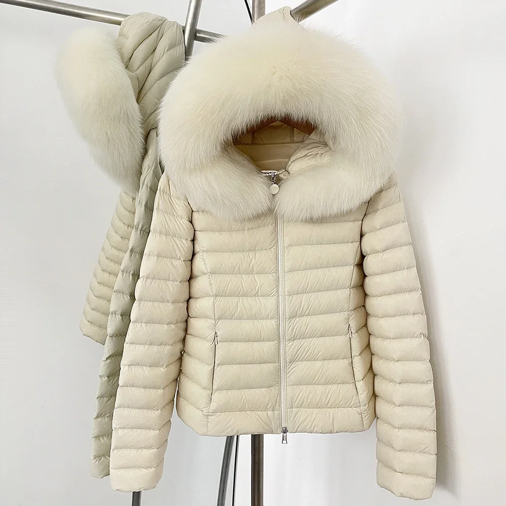 OFTBUY Giacca soffice da donna Giacca in vera pelliccia con cappuccio Sottile Vera pelliccia di volpe Colletto2025 Nuovo inverno corto femminile Piumino d'anatra bianco