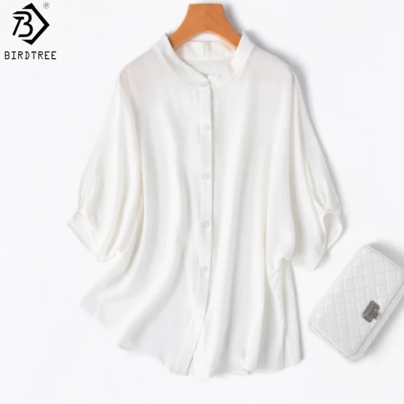 

BirdTree Summer 100% Mulberry Silk White Shirt,Woman Double Crepe Dolman Sleeve Stand Collar Loose Blouse,2025 New T56726JF