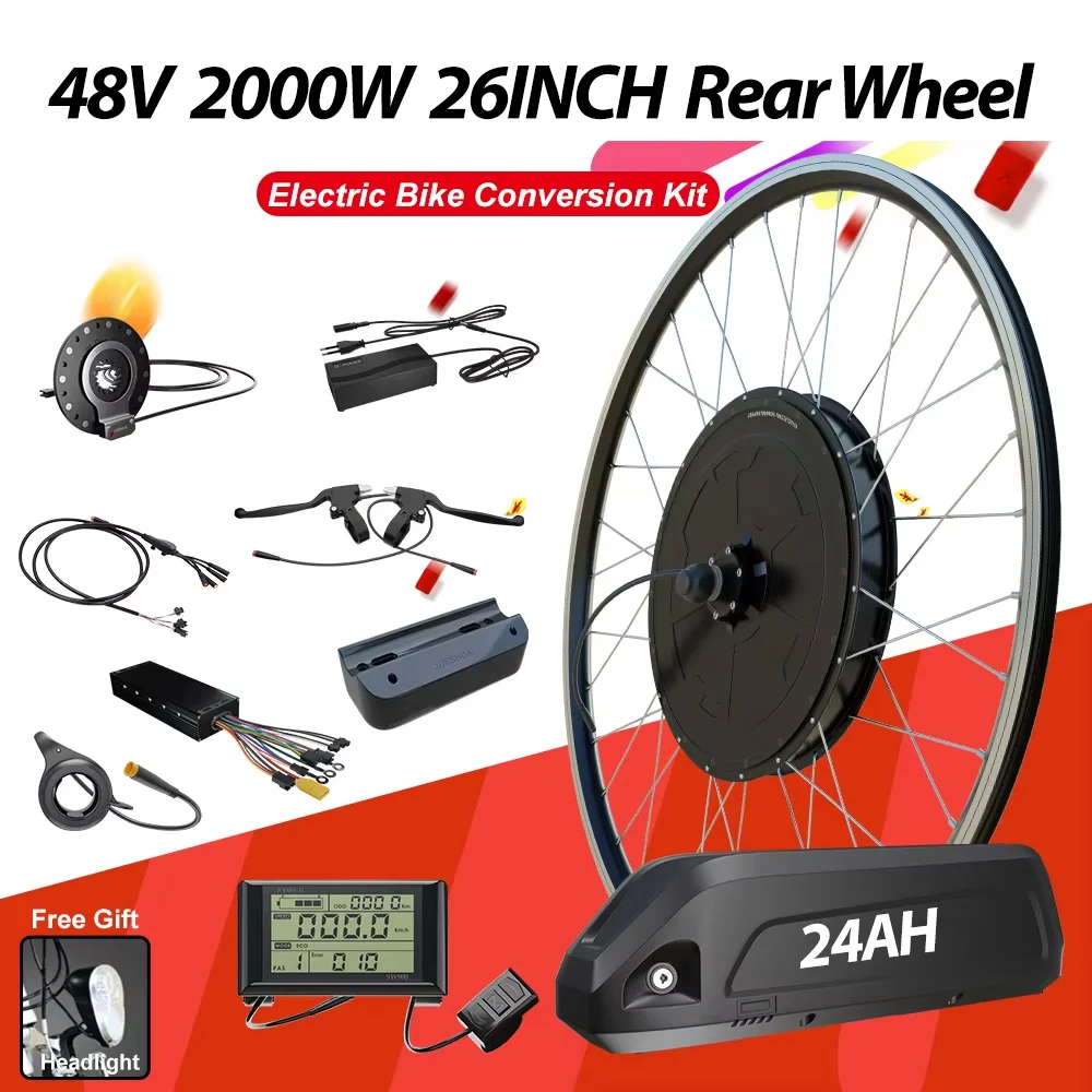 

Комплект для переоборудования электровелосипеда 48В 2000Вт с аккумулятором 48В 24Ач, бесщеточный мотор-колесо на заднюю ось для 26-дюймового электровелосипеда