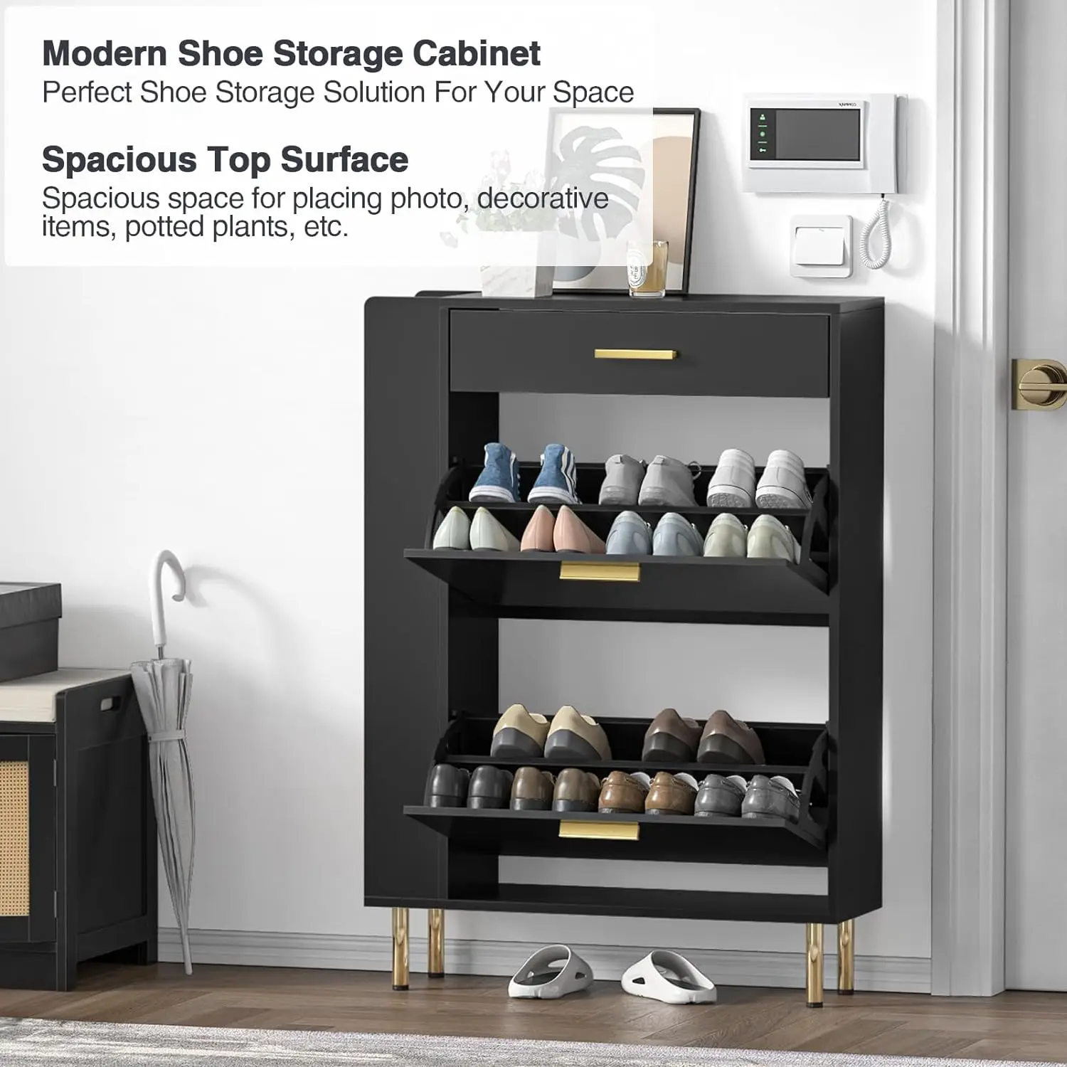 Anmytek Black Shoe Cabinet with 2 Flip Drawers, Modern Freestanding Shoe Rack Storage Organizer Cabinet with Drawers