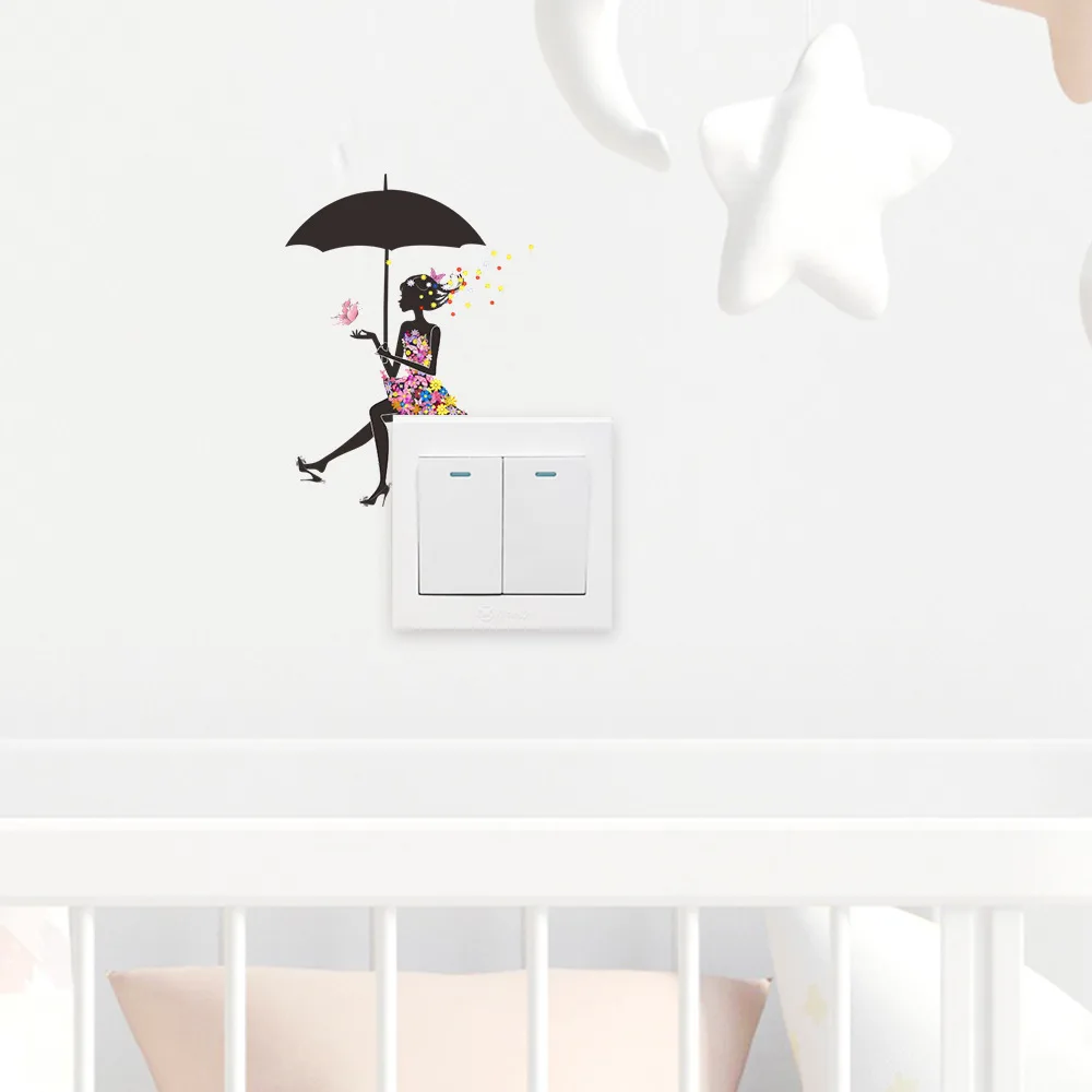 1 Pcs Cartoon Umbrella Girl Switch Sticker, Children's Room Self-adhesive Switch Socket Decoration Manufacturer Batch 5.9*4.7in