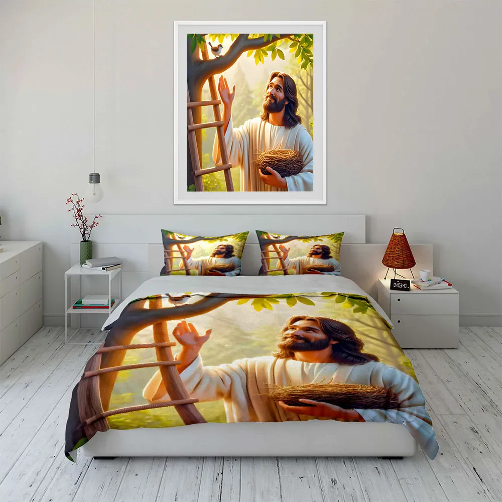 Warm sunshine Jesus and birds Bedding Set for Kids Luxury Gift 3pcs Digital Print Comforter Set Soft Comfortable Breathable