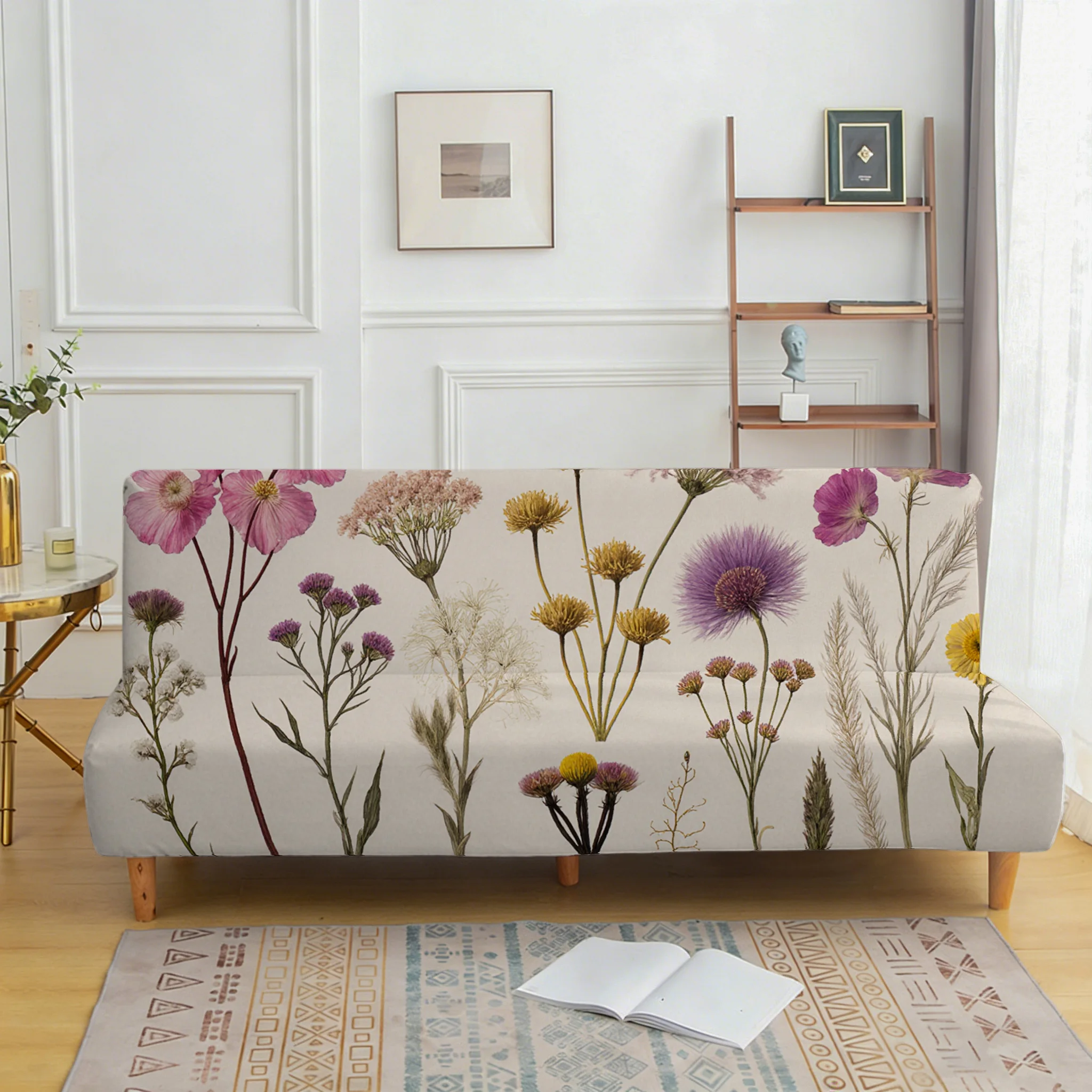 Plant flower armless elastic sofa bed cover, non-slip and anti-grab furniture protective cover, easy to install