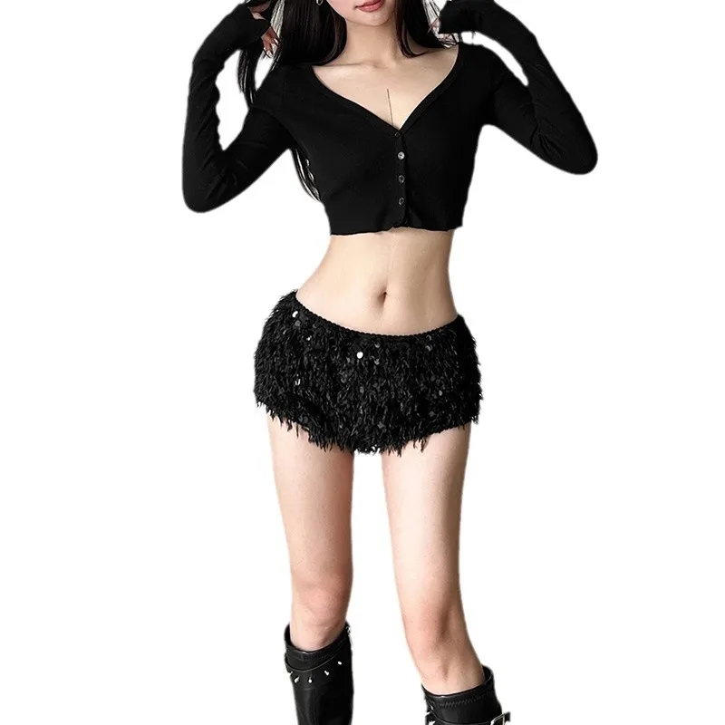 2026 New Women Black Fuzzy Feathery Shorts Low Rise Elastic Waist Sequin Decor V‑Hem Slim Fit Party Clubwear Performance Shorts