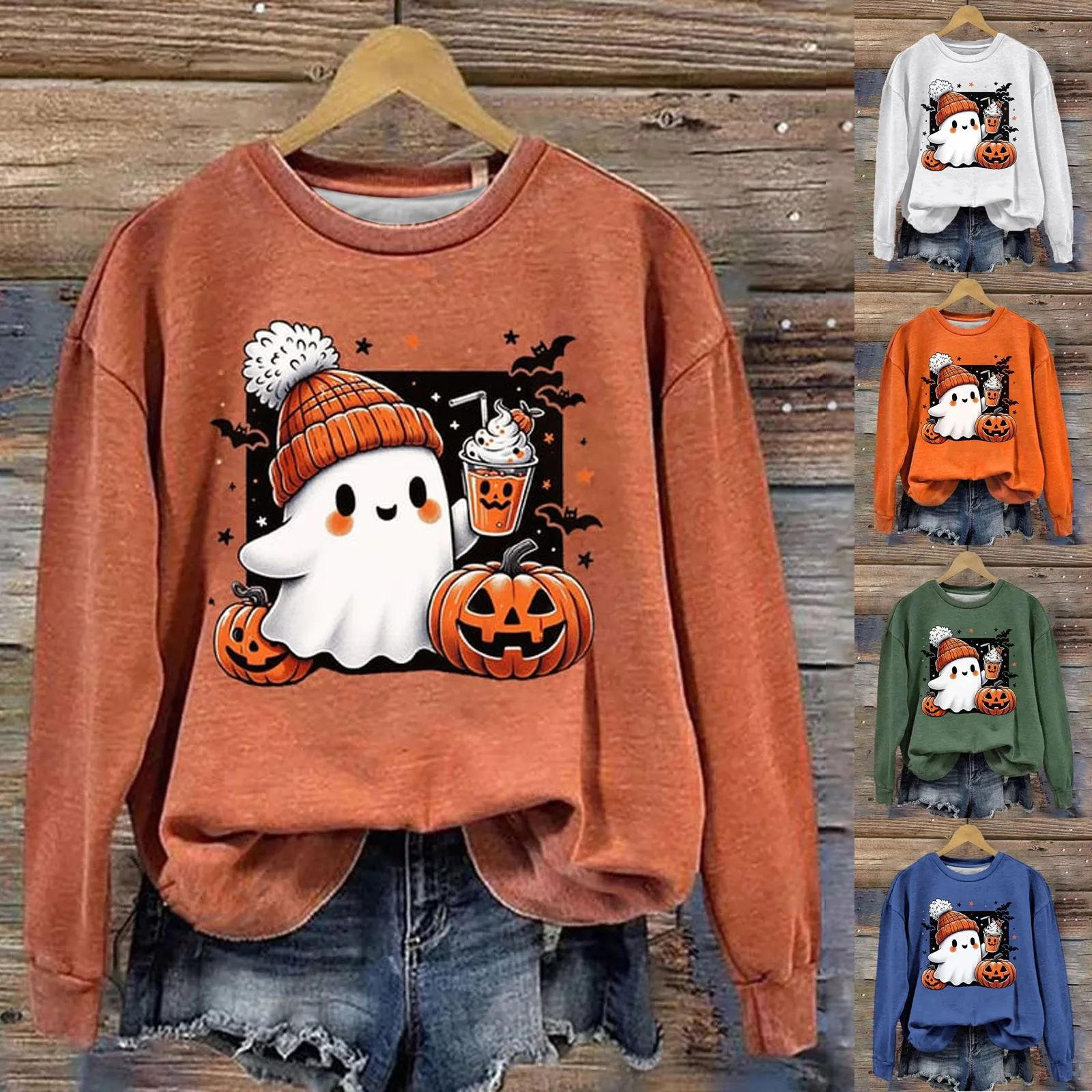 Sudadera con capucha con estampado de calabaza fantasma para mujer, Sudadera con cuello redondo, manga larga, informal, cálido, cómodo