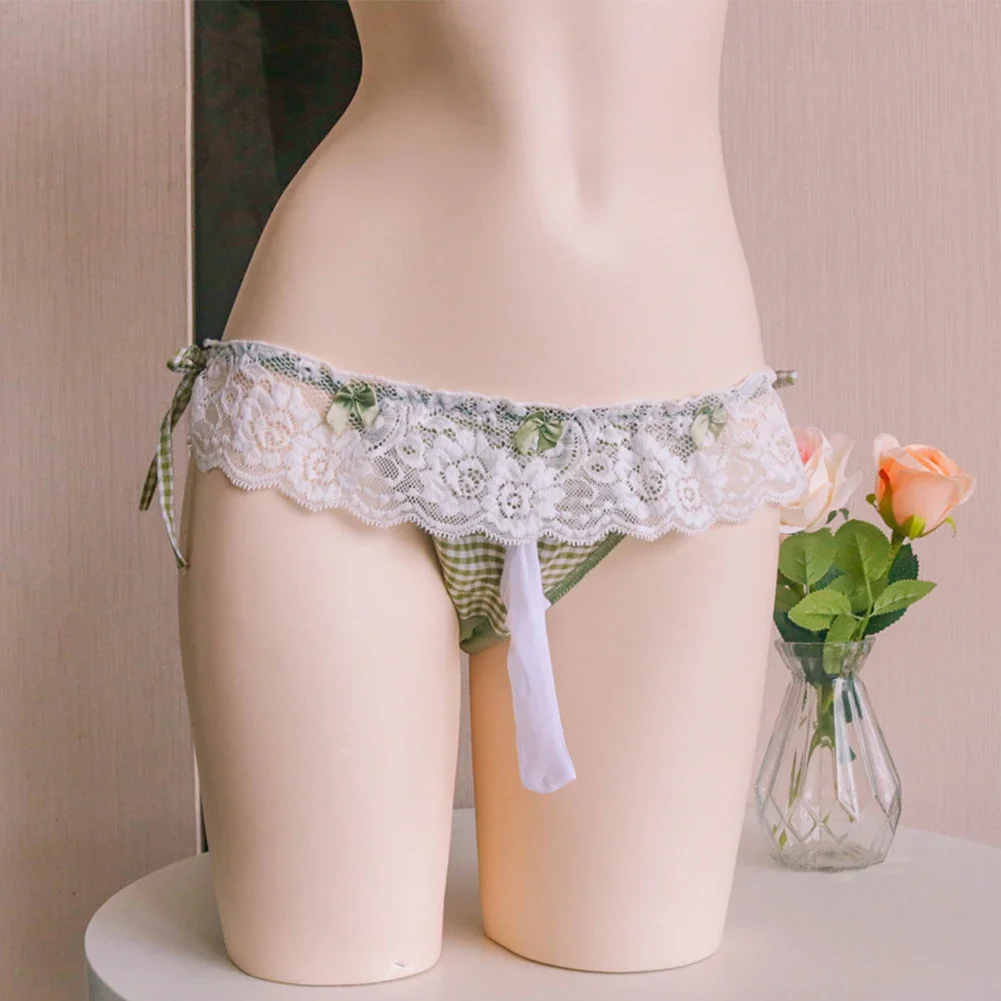 Lace Brim Sissy Pouch Panties Men Lace up ow Rise Bikini Briefs Lace Gay Crossdressing Lingerie Cosplay Party Romance Thong