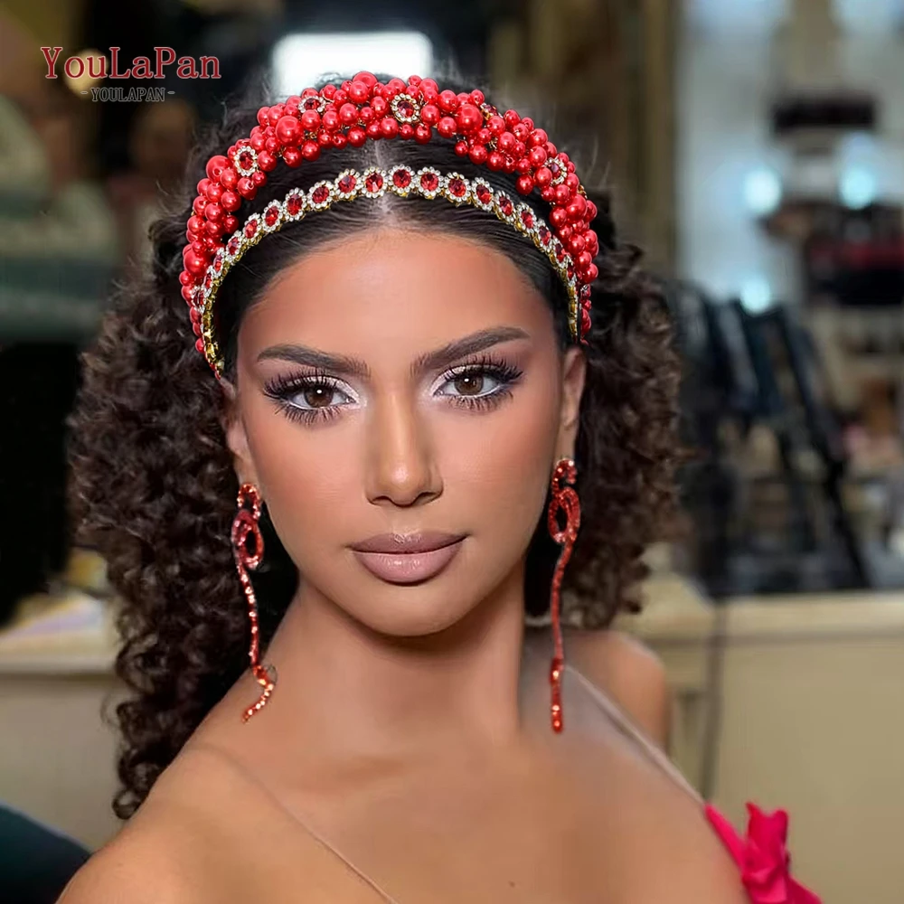 TOPQUEEN Fashion Tiara Pearl Rhinestone Wedding Headwear Headband Handmade Bridal Headpiece Women Pageant Headdress HP939