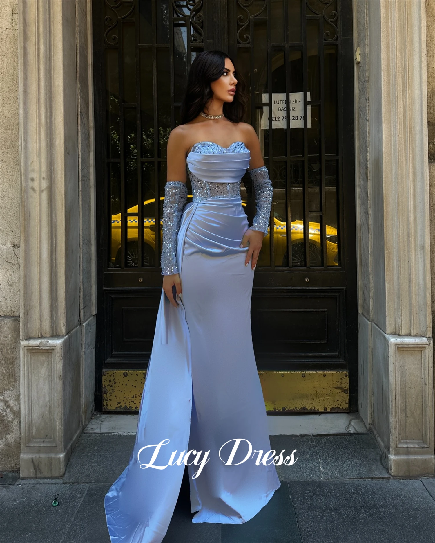 Vestido Lucy-cetim de tecido bordado para mulheres, vestido azul celeste Grace, vestidos elegantes de festa sereia, luxo e luxo