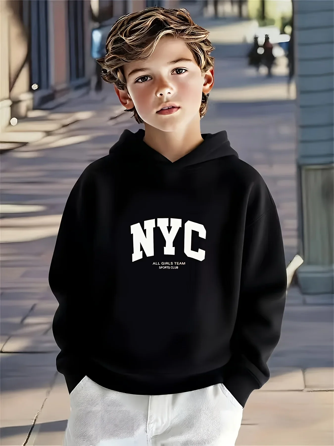 Kids NYC Hoodie Letter Graphic Print Pullover Sweatshirt Boys Girls New York Style Casual Streetwear Hooded Top Autumn Winter