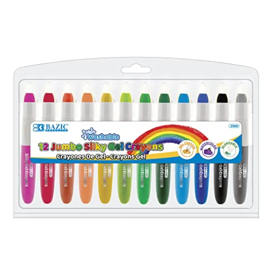 

Jumbo Silky Gel Crayons 12 Color Washable Blendable Non Toxic Watercolor Crayon for Coloring Book 12/Pack 12-Packs