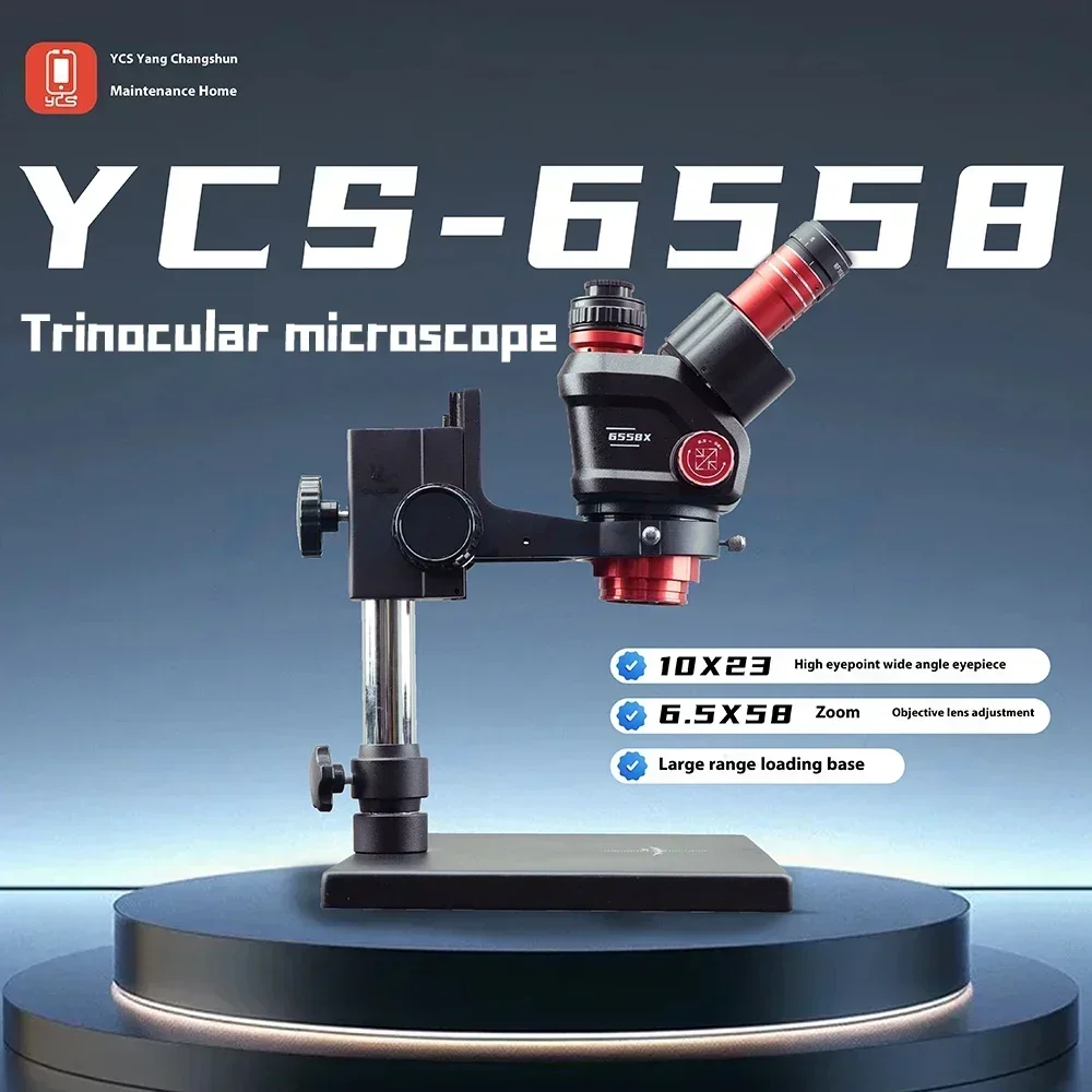 YCS 6558S مجهر ثلاثي العينيات فائق الدقة مع قاعدة كبيرة 6.5-58 تكبير 4K كاميرا للهاتف المحمول PCB مجموعة أدوات مجهر اللحام