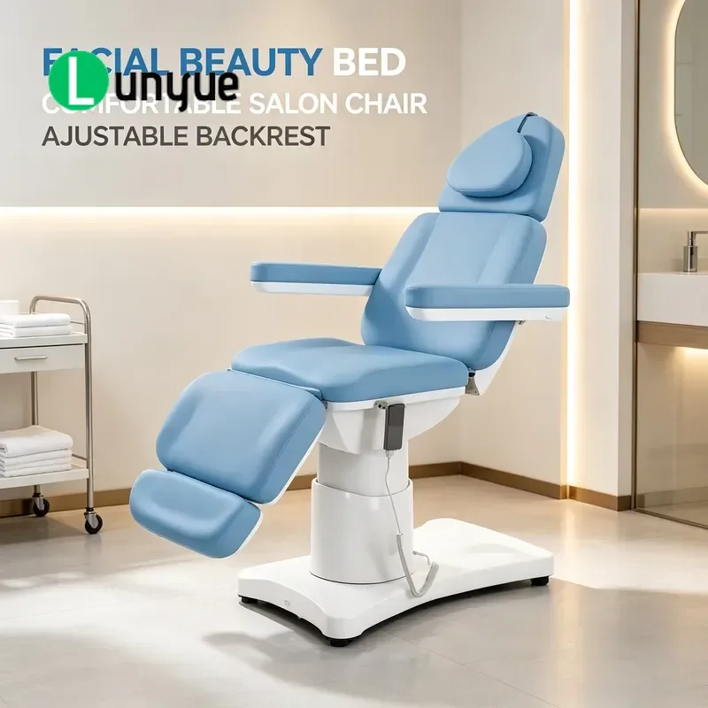 Light Blue Electric Beauty Bed 3 Motor Adjustable Tilt Tattoo Eyelash Massage Chair with Split Leg Rest for Spa