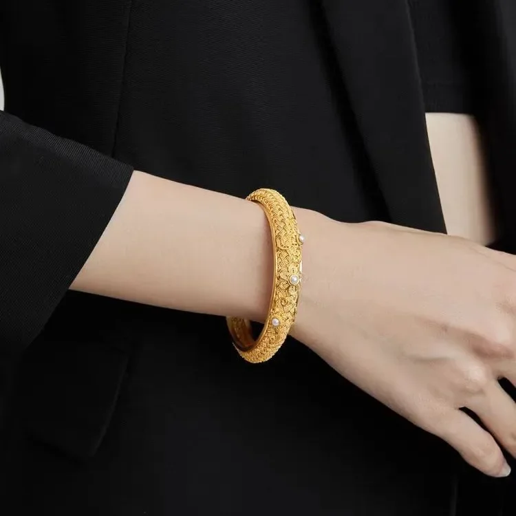 9999 real gold 24K yellow gold Tuan Hua Splendid Bracelet Women's Court Style Elegant Filament Pearl Bracelet