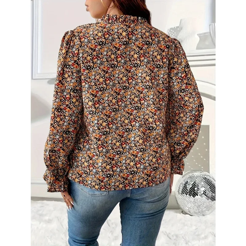 Plus Size 1XL-5XL Camicetta con maniche a balze con stampa floreale Ditsy casual delle nuove donne Camicia a maniche lunghe con scollo a V moda donna