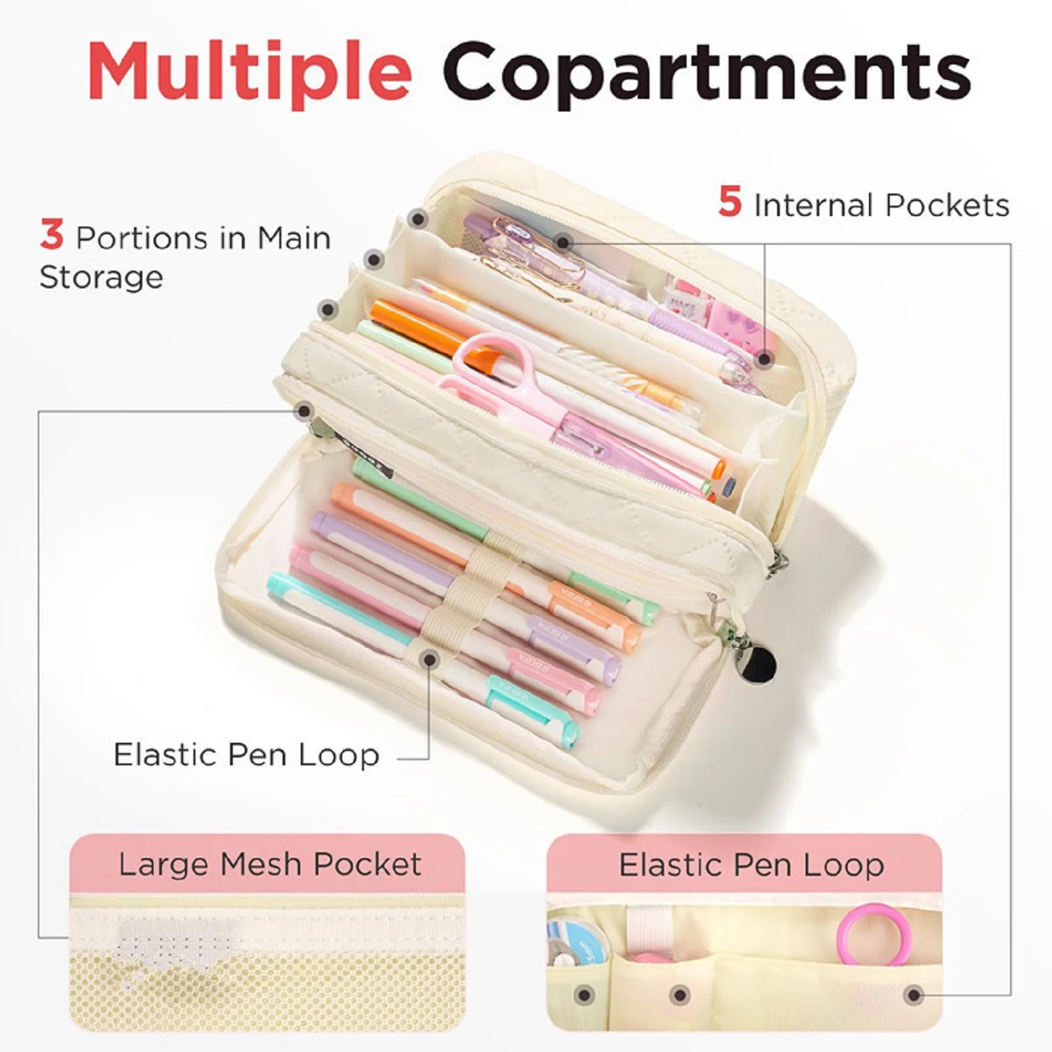 Makeasy Pencil Case Large Capacity Pencil Pouch Soft Quilted Pen Bag Office Stationery Organizer Sturdy Pencil Bag for Women
