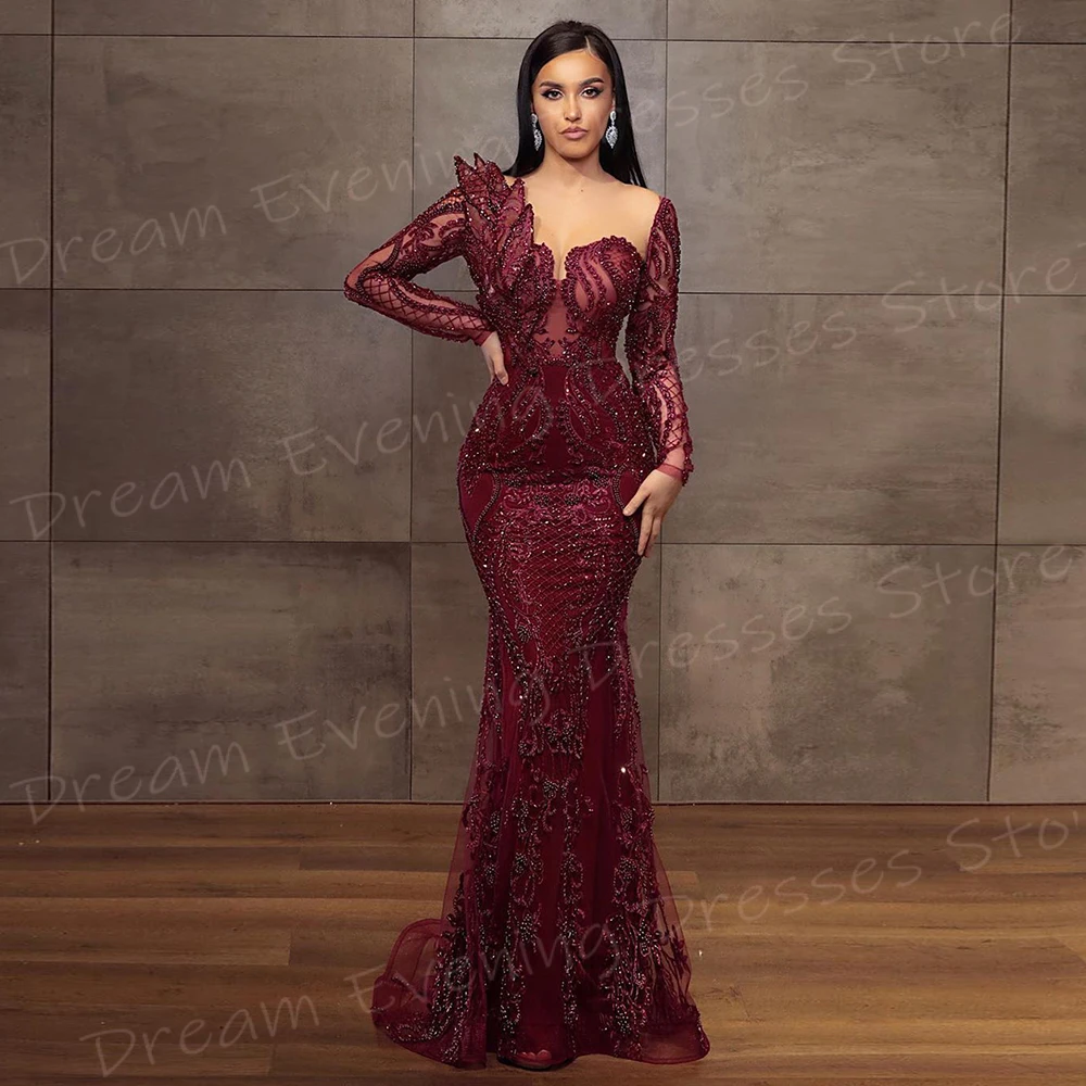 Gaun malam wanita cantik putri duyung merah Modern cantik gaun Prom manik-manik lengan panjang klasik gaun pesta Formal Vestido De Noche