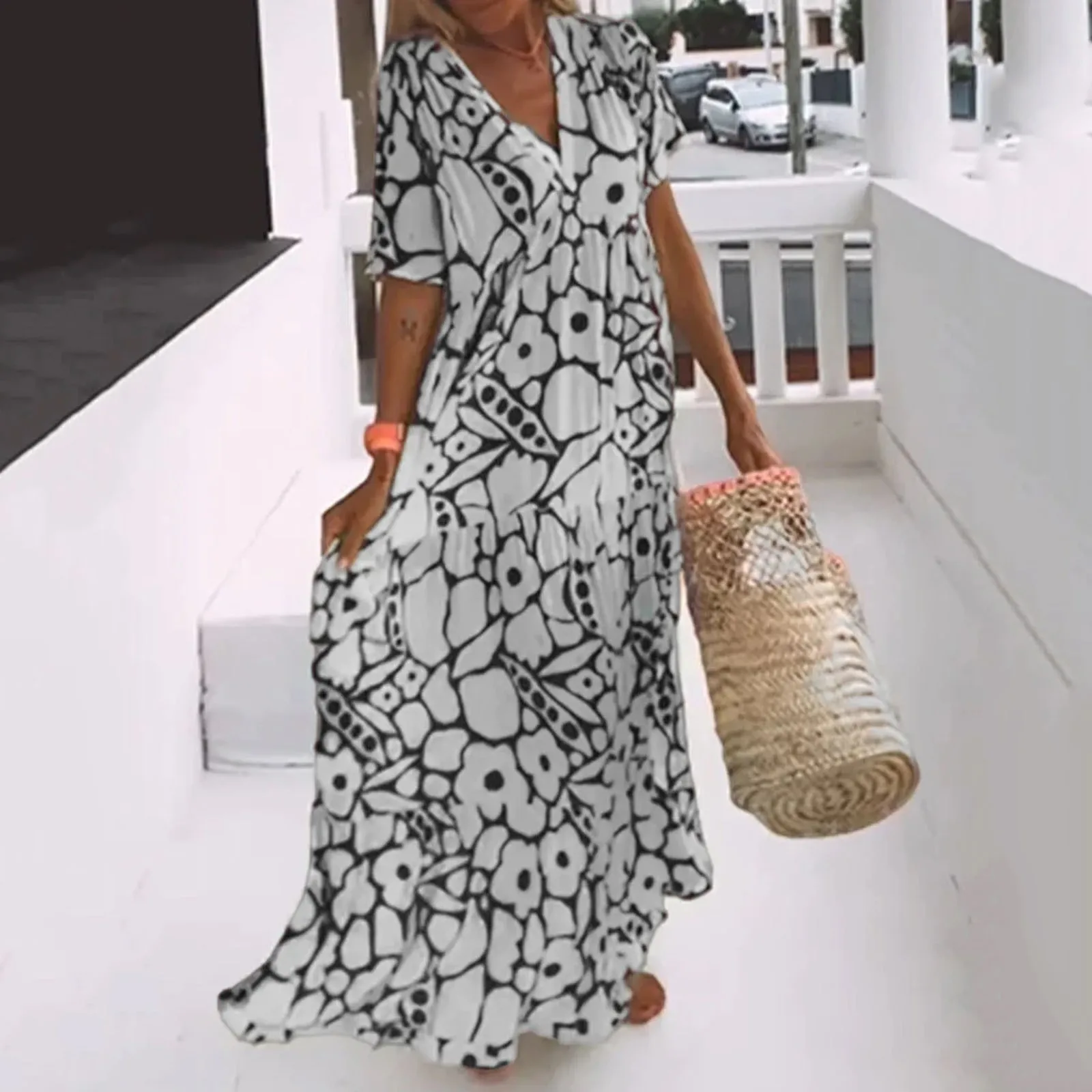 

Robe Ample Imprimée À Col En V Womens Summer Casual Boho Floral Dresses V Neck Short Sleeve Flowy Swing A Line Print Long Dress