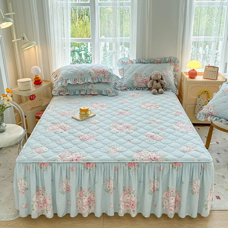 3-Piece Bed Skirt INS Floral Bed Cover Quilted Mattress Protector покрывало Skin-friendly Bedspread (1 Bed Skirt+2 Pillowcases)