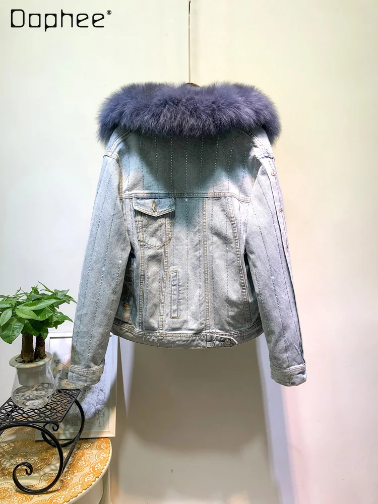 Loose Korean Style Fox Fur Collar Long-Sleeved Denim Jacket for Women 2023 Winter New Fleece-Lined Thickened Wool-Free Parka