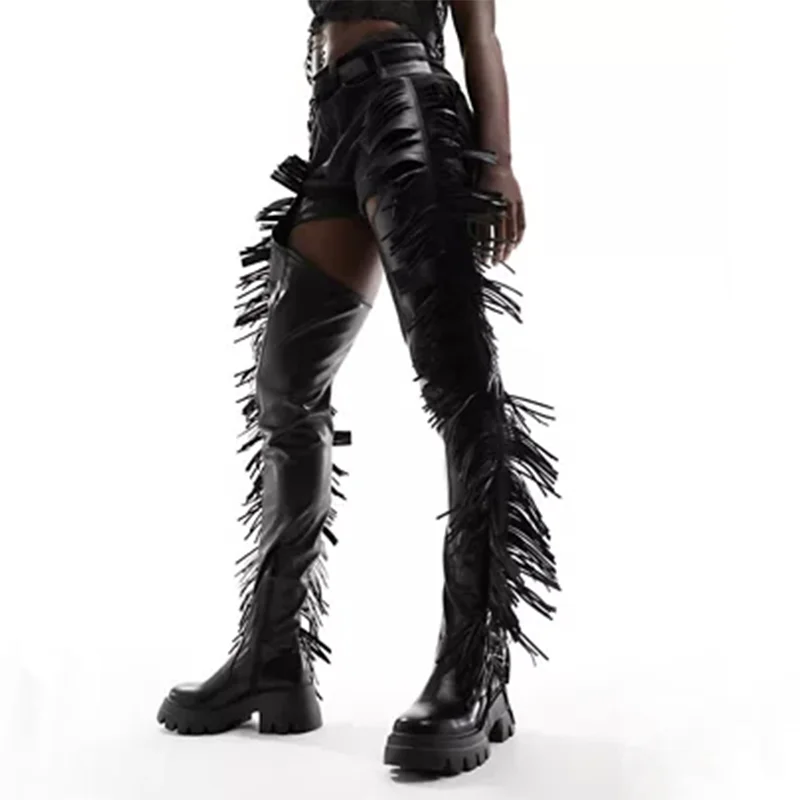 Low Heels Black Festival Women Boots Party Shoes Fringed Belted Over The Knee Boots