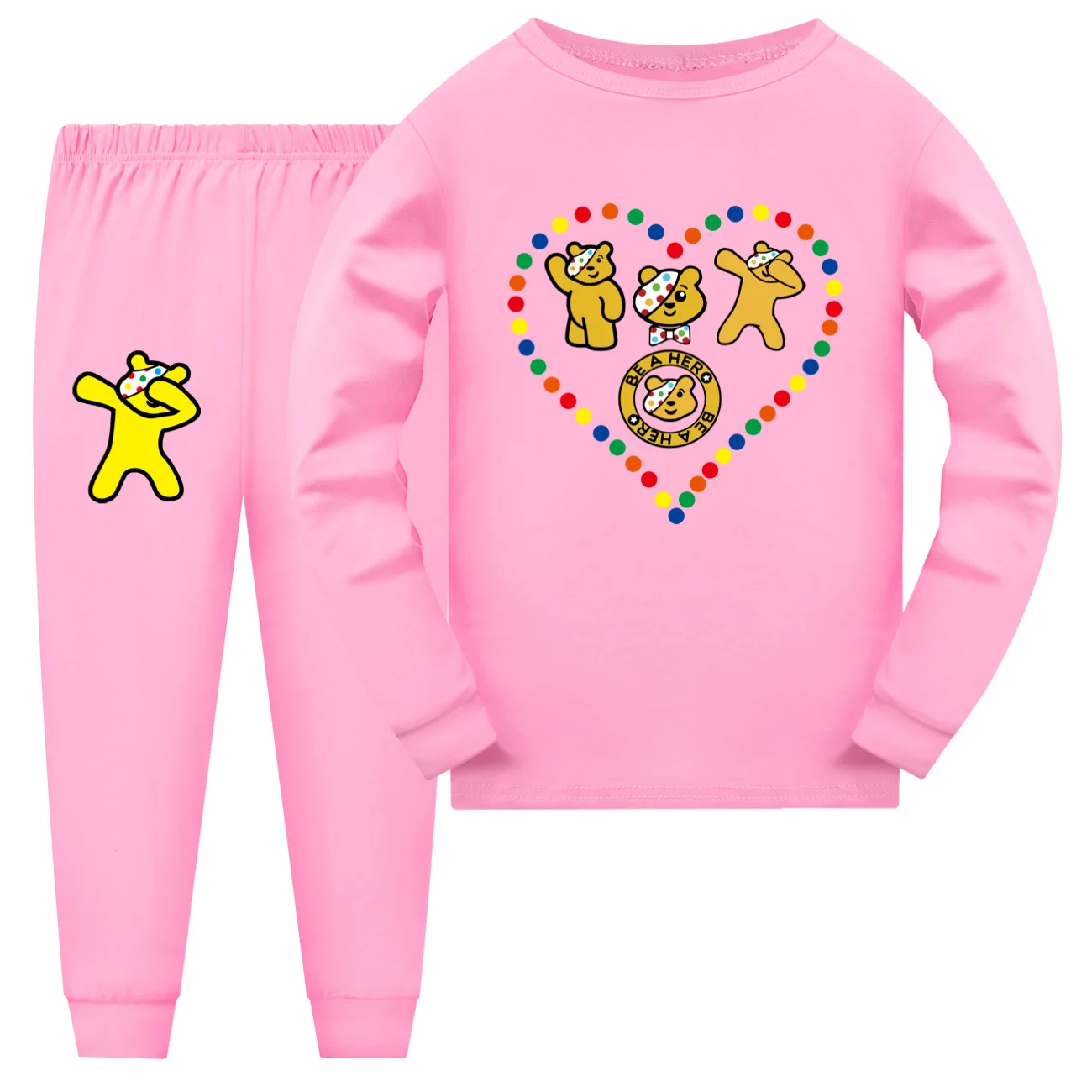 Boys pajamas Cartoon DO THE FLOSS Pudsey Bear T-shirt  Girls Long Sleeve O-Neck T-shirts Kid Tops Sweatshirts+pants 2pcs sets