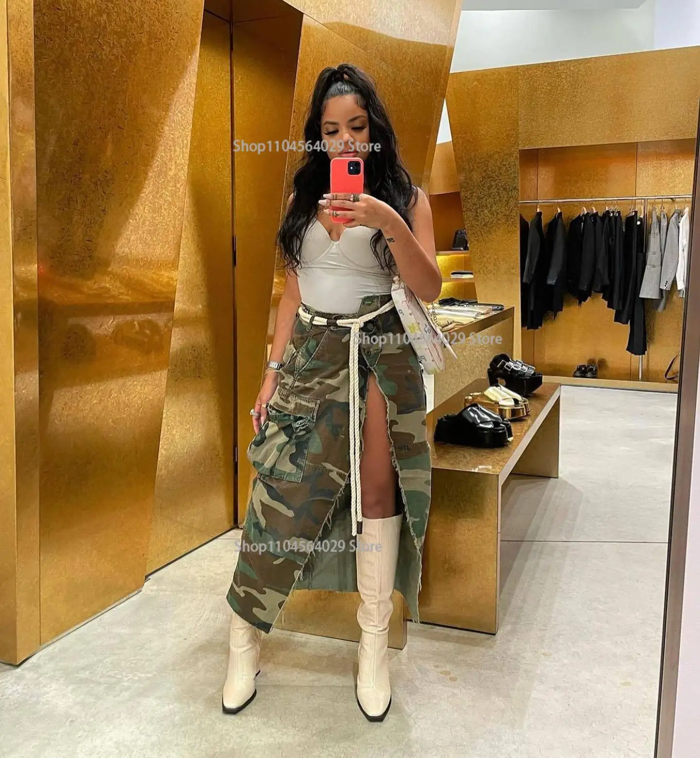 

Sexy Women High Waist Camouflage Split Skirt Elegant Camo Printing Casual Pockets Skirt
