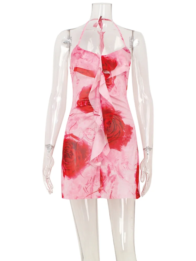 CNYISHE Halter Backless Mesh Hot Girl Trendy Outfits Sexy Club Zomer Vrouwen Jurken Prints V-hals Mode Vrouwelijke Bodycon Vestido