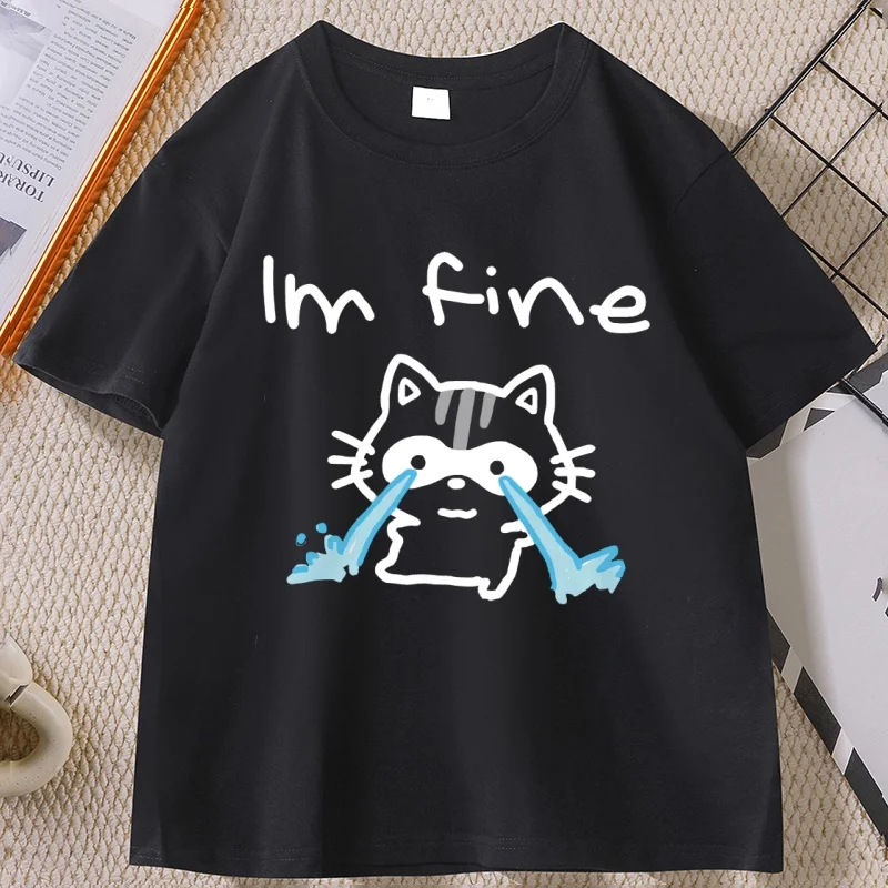 I'm Fine T-Shirt Men & Women's Unisex Graphic Tee Crying Raccoon Tee Mental Health Meme T Shirt Casual Cotton Short Sleeve Tees