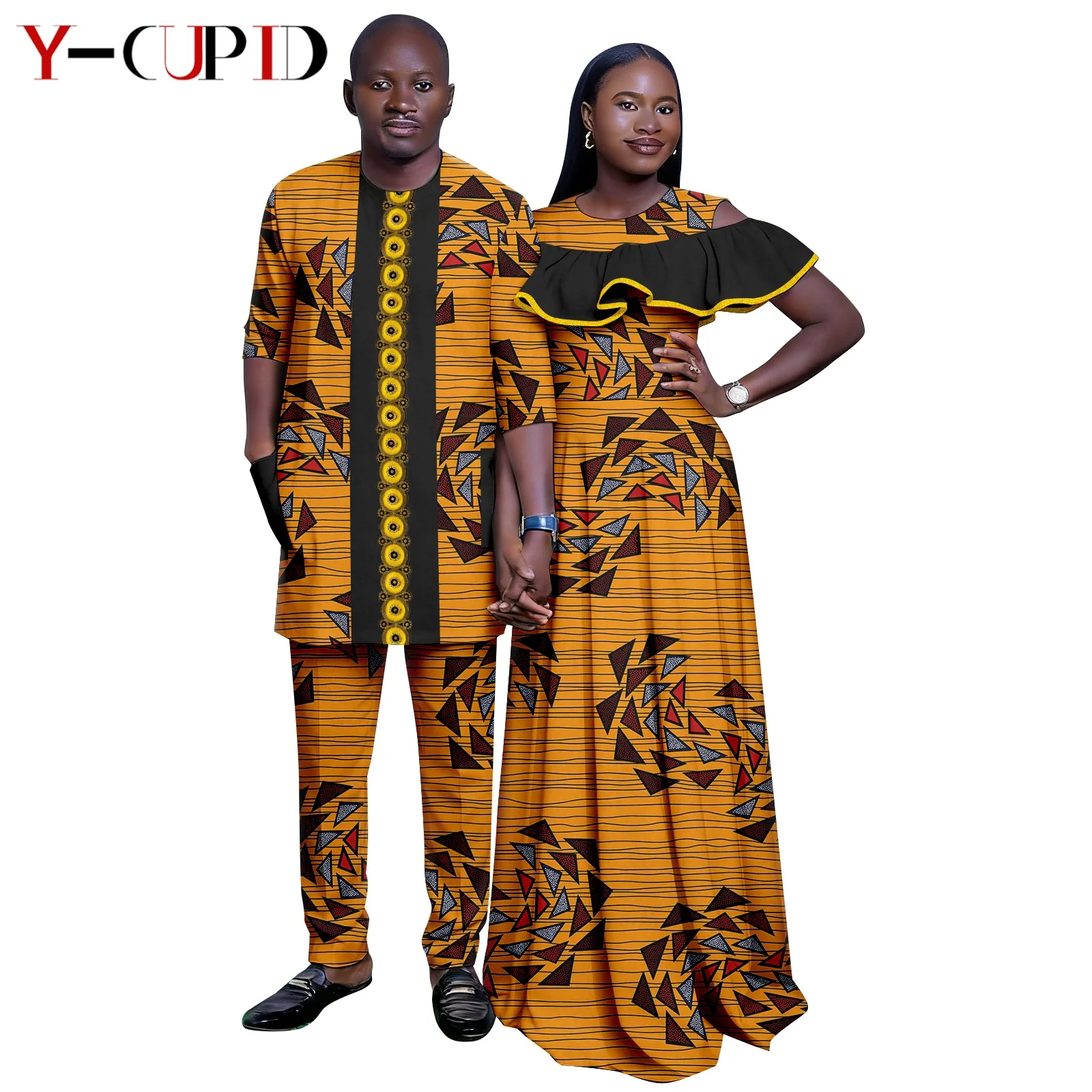 African Print Ruffles Long Dresses for Women Matching Couple Clothes Men Suits Patchwork Top and Pant Sets Dashiki Party 26C009
