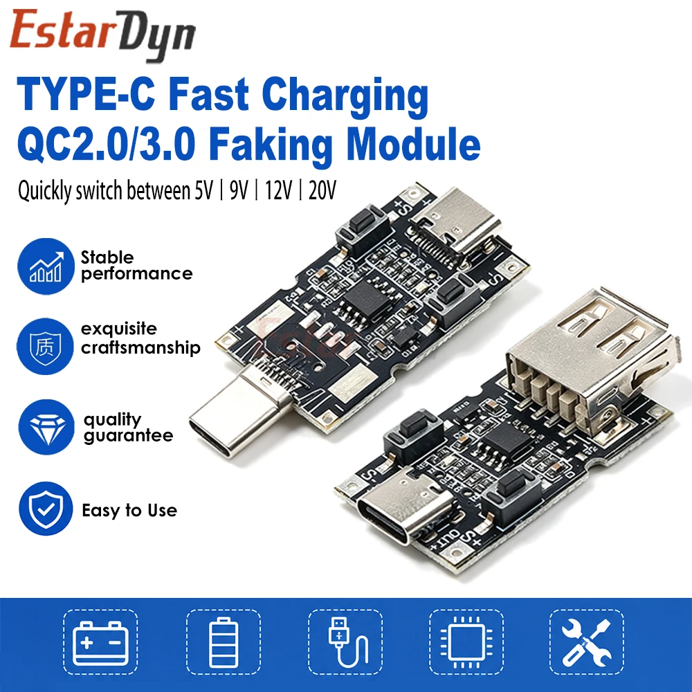 

Estardyn 100W 5A USB-C PD/QC Decoy Trigger Module 5V/9V/12V/15V/20V Fast Charging Protocol Board for Charger Aging Test