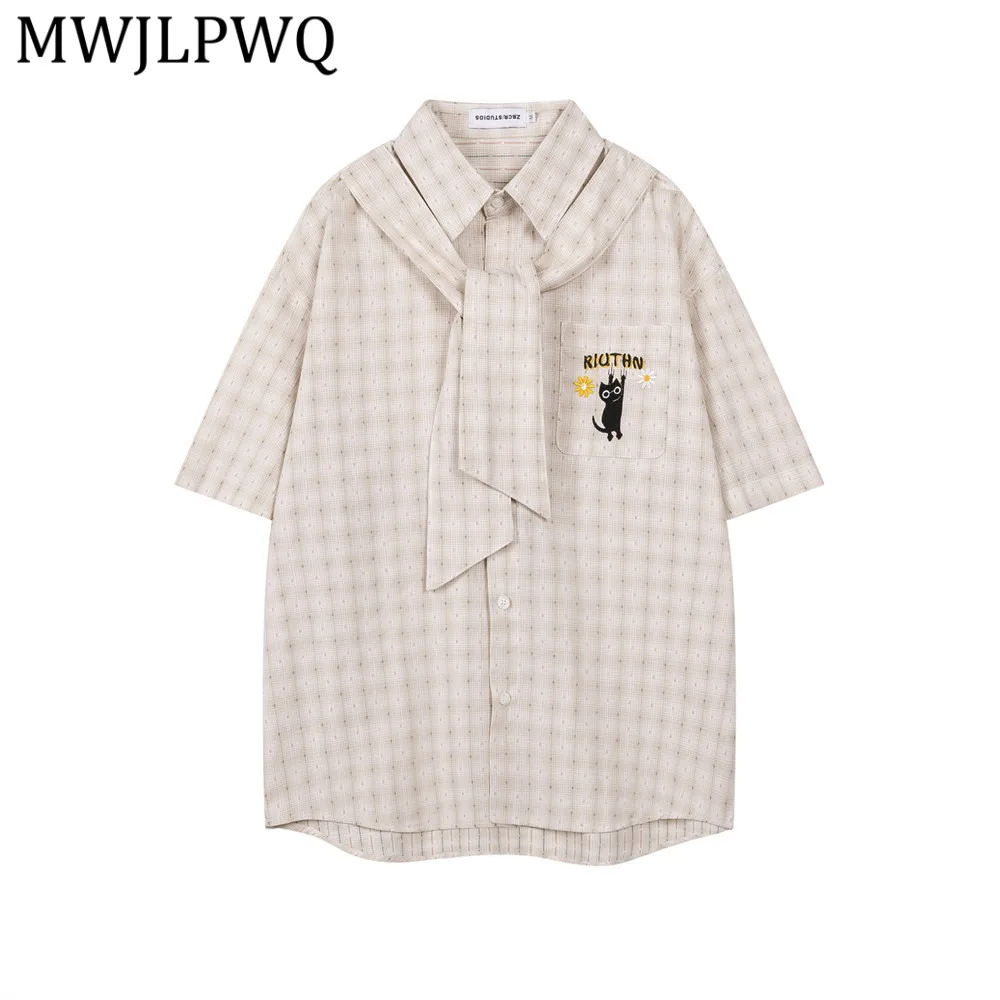

MWJLPWQ Plaid Short-Sleeve Collar Shirt Loose Fit For Men Trendy Casual Patch Pockets Design Tops Spring Summer Fashion 14389