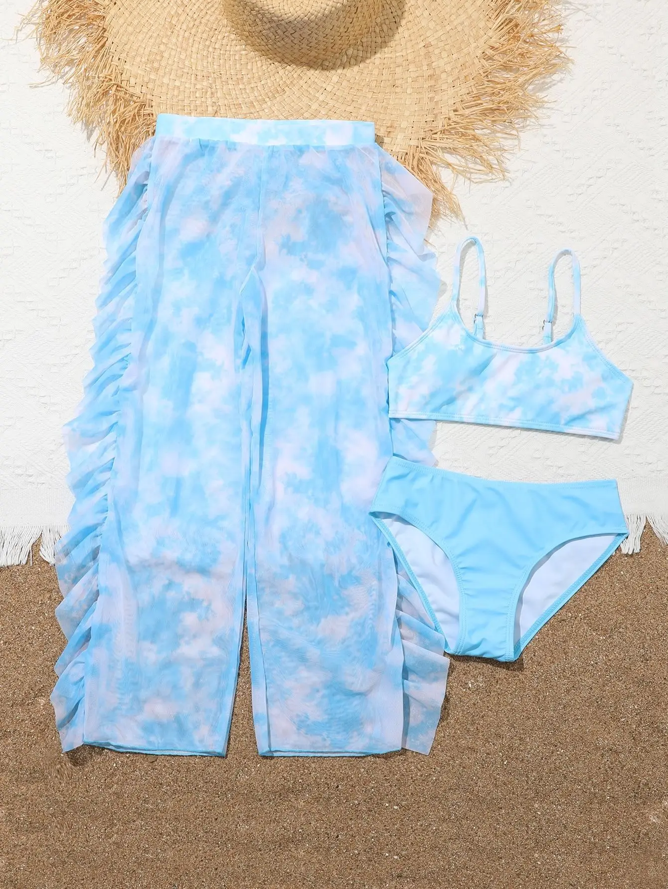 Girl 3pack Tie Dye Print Bikini Kids Swimsuit Beach Cover Up Pants 2024 Children's Swimwear 7-12 Years Swimming Bathing Suits