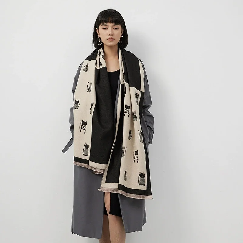 

Ladies High-End Cat Design Autumn Winter Double-Sided Jacquard Premium Imitation Cashmere Scarves Thickened Large Shawl
