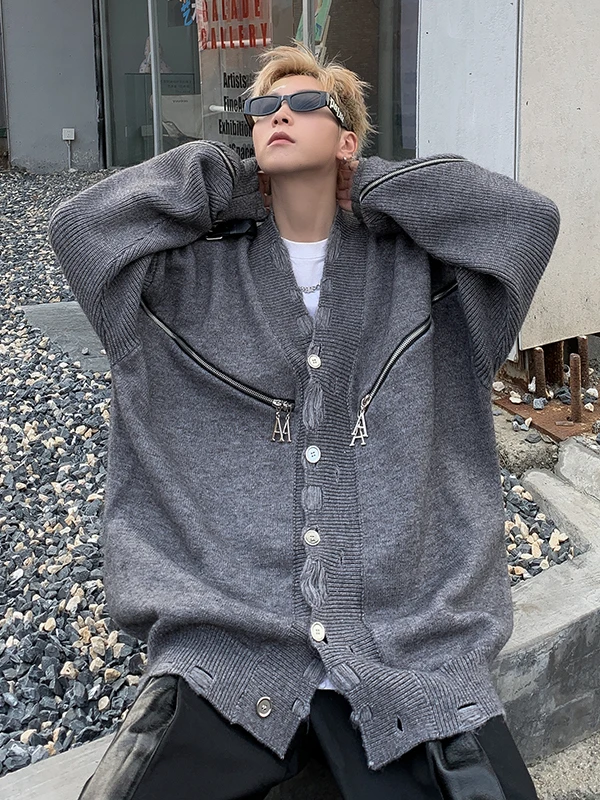 

Американский деконструированный открытый кардиган с V-образным вырезом, мужской модный брендовый зимний свободный вязаный джемпер, тяжелый ретро-молния, L...