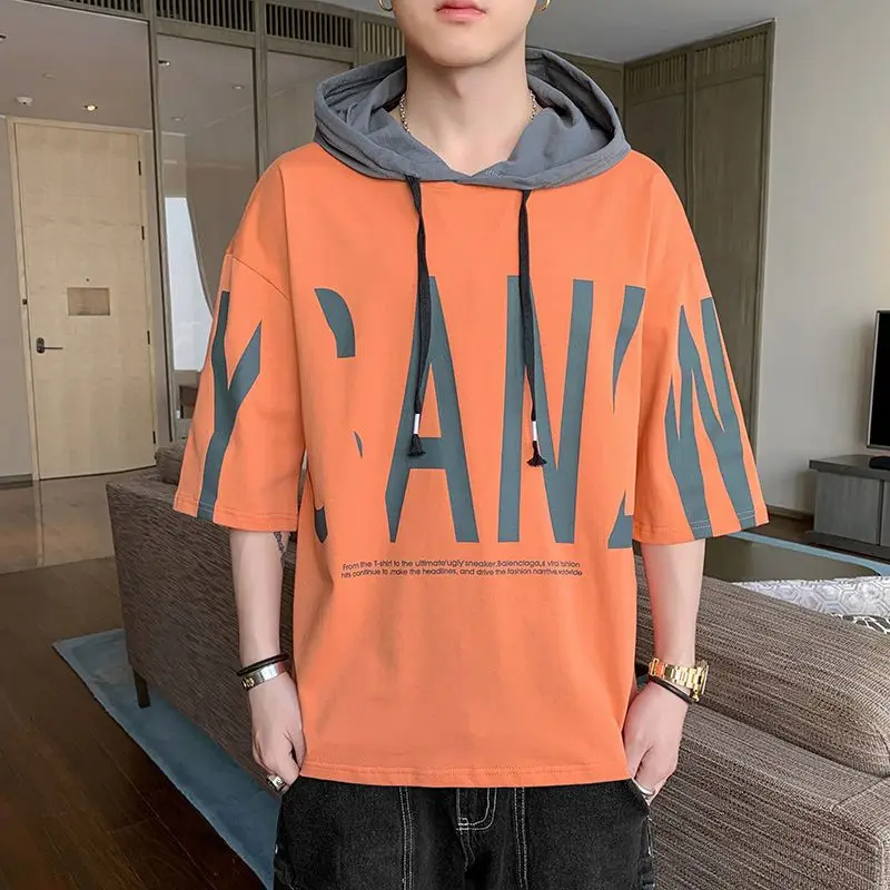 Fashion O-Neck Loose Printed Letter Hooded T-Shirts Men\'s Clothing 2024 Spring Summer New Oversized Korean Tops Casual Tee Shirt