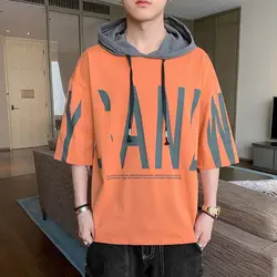 Fashion O-Neck Loose Printed Letter Hooded T-Shirts Men's Clothing 2024 Spring Summer New Oversized Korean Tops Casual Tee Shirt