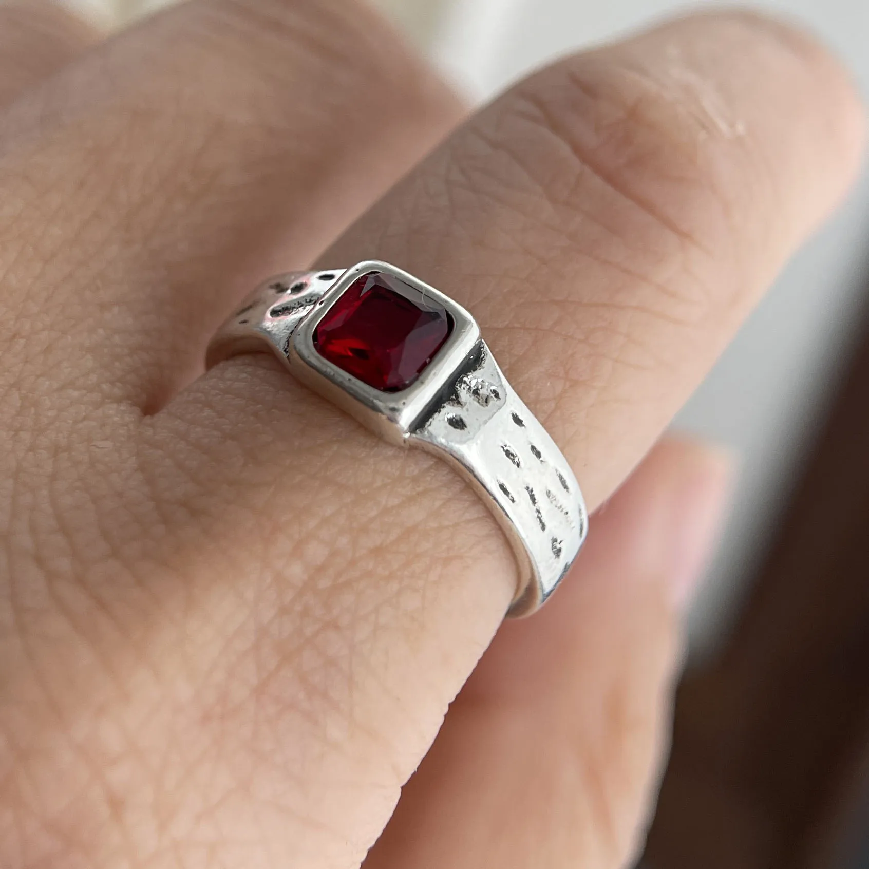 Women's 925 Sterling Silver Minimalist Red Stone Ring, Handmade Gift